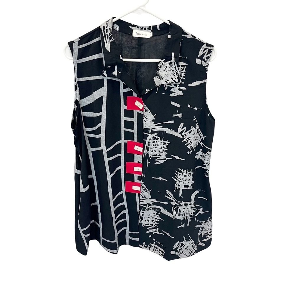 Periwinkle Sleeveless Button Up Artsy Lagenlook Black Abstract Print Top‎ LARGE